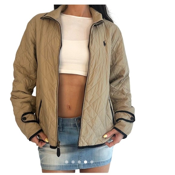 Ralph Lauren sport SZSM Quilted Barn Jacket Tan Polo Player Logo Full Zip Collar - Picture 2 of 16